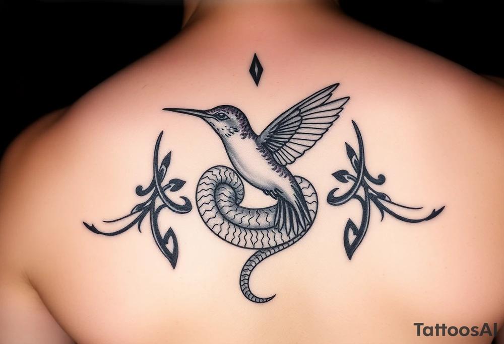 Humming bird nesting in coiled snake tattoo idea