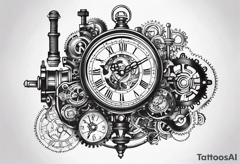 steampunk clock and machine parts tattoo idea