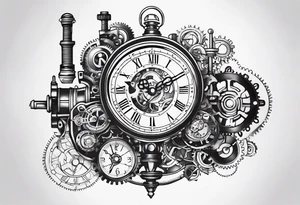 steampunk clock and machine parts tattoo idea