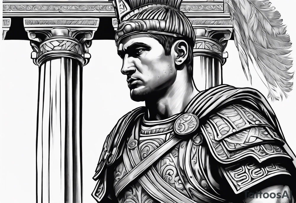 close of of Roman solider looking at distant pillars tattoo idea