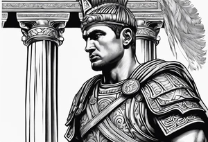 close of of Roman solider looking at distant pillars tattoo idea