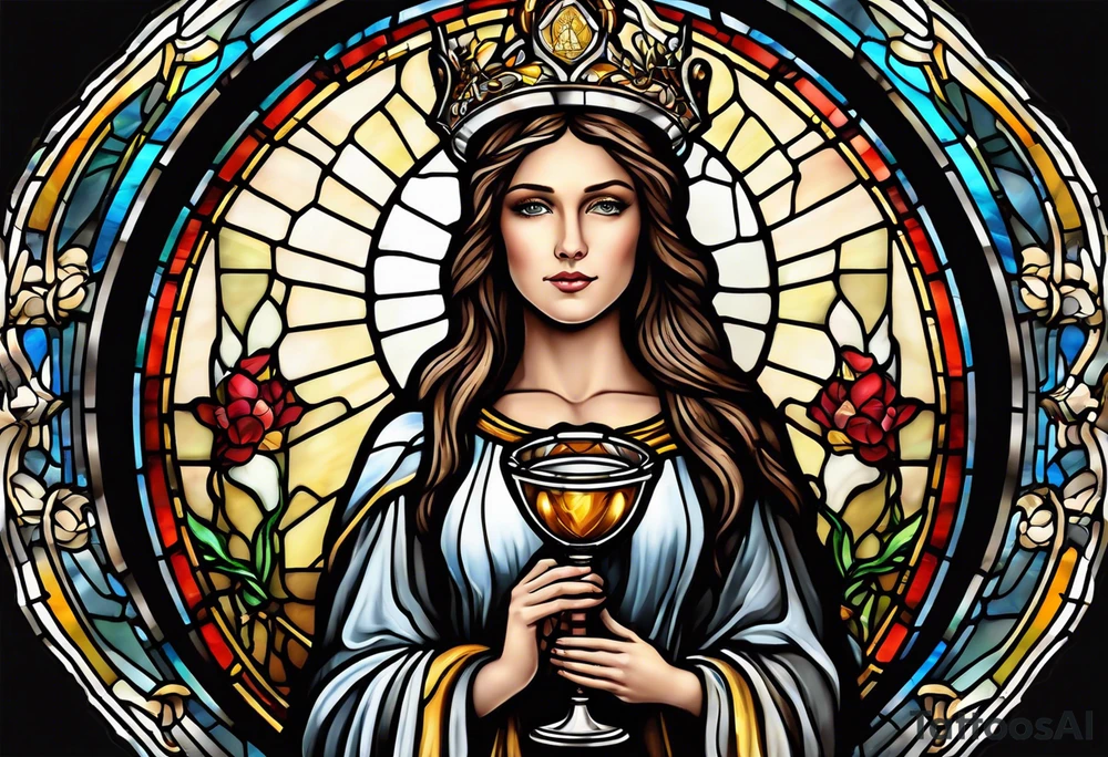 holy saint woman with halo stained glass holding a chalice with artillery tattoo idea
