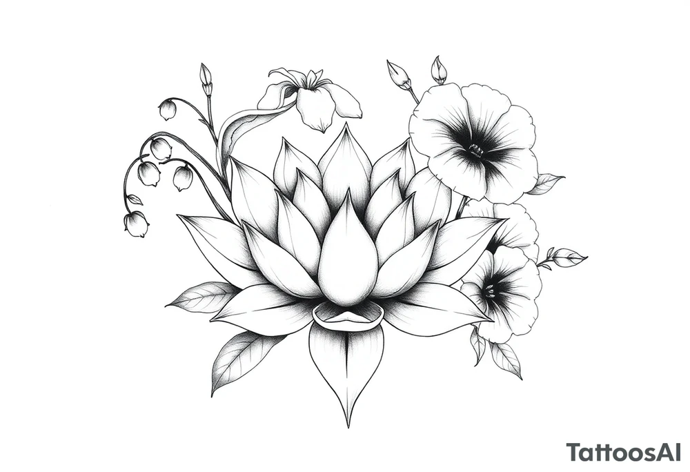 Geometric lotus surrounded by Lilly of the valley on left side iris above and morning glory flowers to the right. tattoo idea