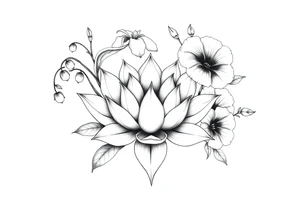 Geometric lotus surrounded by Lilly of the valley on left side iris above and morning glory flowers to the right. tattoo idea