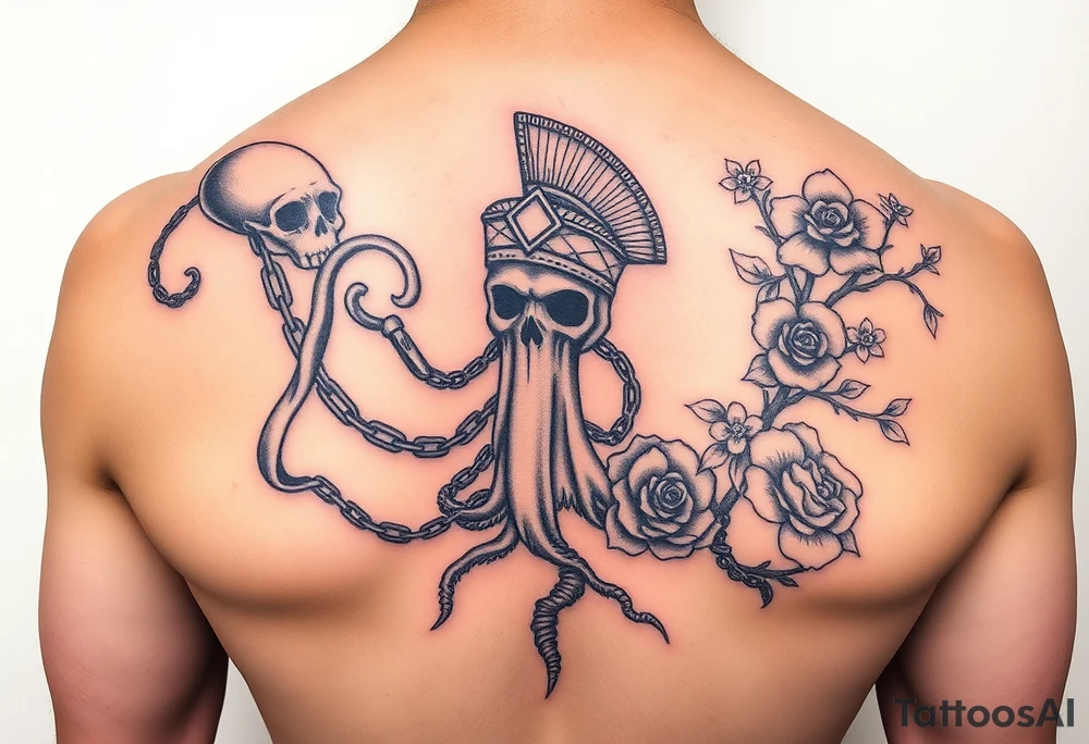 Squid and spartan and sailor hat combined with chains, tree roots, cherry blossoms and roses rolling dice tattoo idea