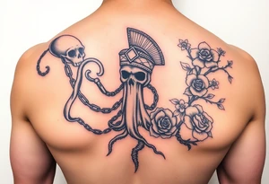 Squid and spartan and sailor hat combined with chains, tree roots, cherry blossoms and roses rolling dice tattoo idea