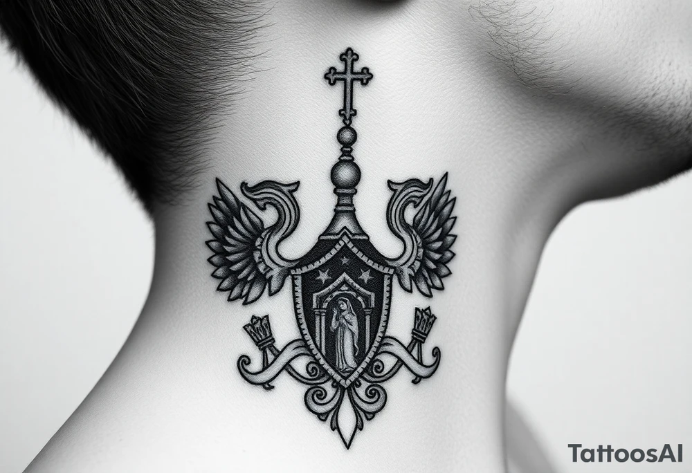 russian coat arms in a russian christian orthodox style virgin mary & orthodox dome church on the side of the neck tattoo idea