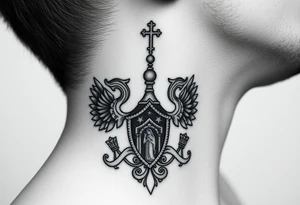 russian coat arms in a russian christian orthodox style virgin mary & orthodox dome church on the side of the neck tattoo idea