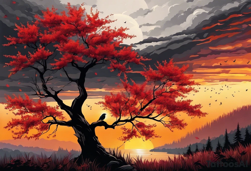 Arm tattoo. Long tattoo. Full sleeve. Shoulder. A single large maple tree with red autumn leaves that branches upwards from wrist to shoulder. White-throated dipper bird on the trees branches. Calluna flowers at the base of the trees stem. Tree stem has dark colors. Red/yellow sunset behind the trees stem. Leaves falling. tattoo idea
