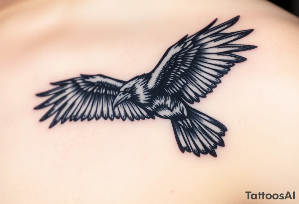 A detailed raven in mid-flight, wings spread wide with intricate feather patterns, symbolizing Tris’s journey, representing sci fi movie Divergent and name TRIS tattoo idea