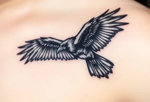 A detailed raven in mid-flight, wings spread wide with intricate feather patterns, symbolizing Tris’s journey, representing sci fi movie Divergent and name TRIS tattoo idea