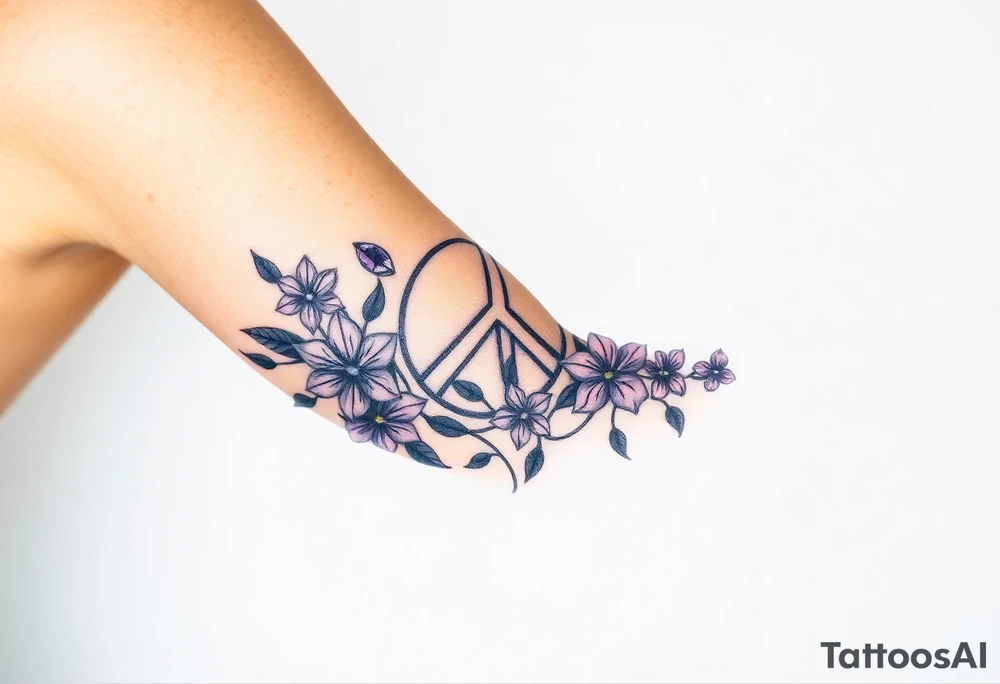 peace symbol, dog prints, Pisces symbol, intertwined with violets, amethyst, initials csb in cursive font tattoo idea