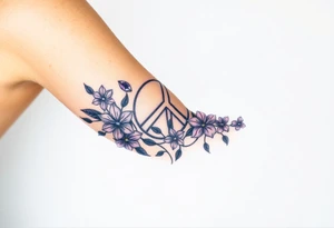peace symbol, dog prints, Pisces symbol, intertwined with violets, amethyst, initials csb in cursive font tattoo idea