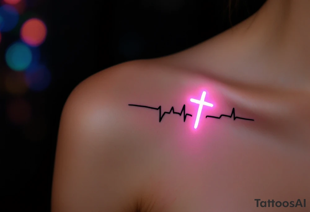 A simple black EKG line with a small glowing white cross at the end, symbolizing strength through faith tattoo idea