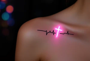 A simple black EKG line with a small glowing white cross at the end, symbolizing strength through faith tattoo idea