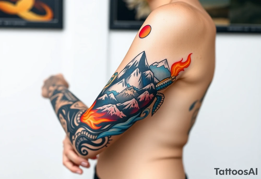 turtle sleeve with mountains, fire, water, air tattoo idea