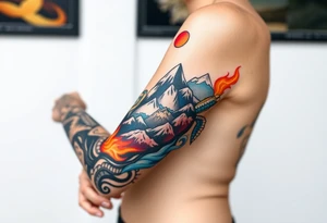 turtle sleeve with mountains, fire, water, air tattoo idea