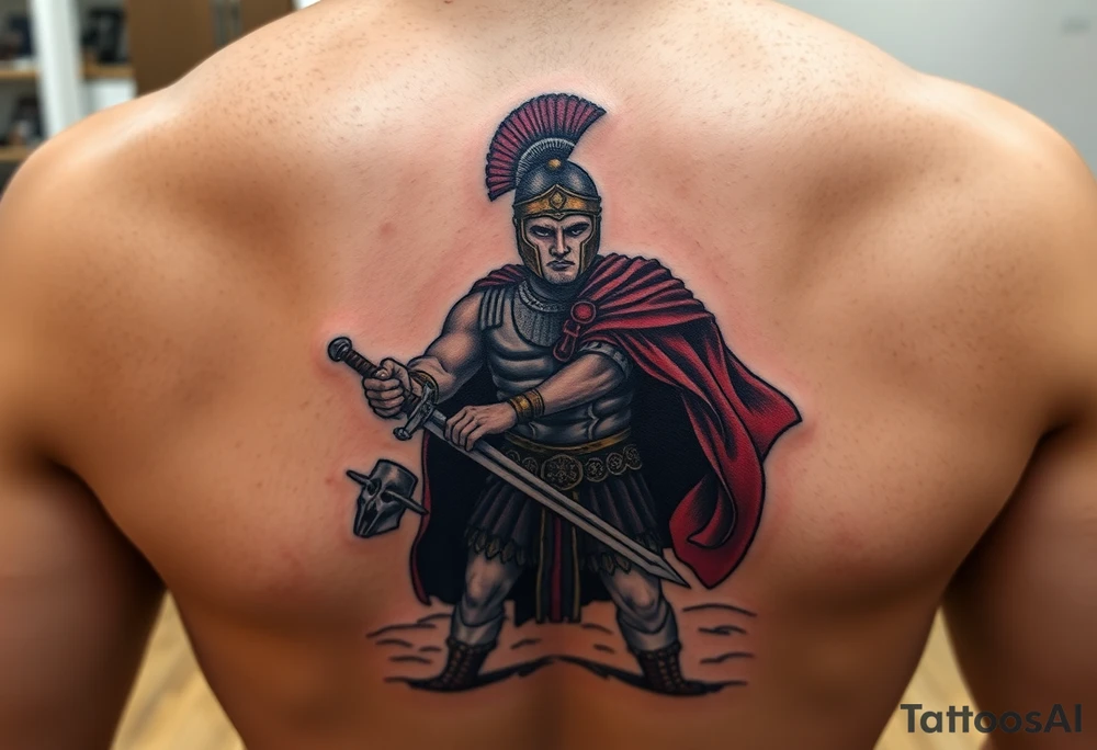 Roman gladiator with sword in coliseum on sand with audience with cape and helmet tattoo idea