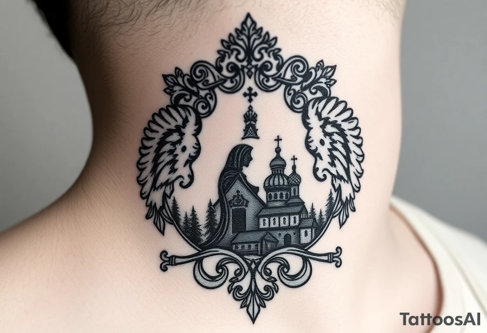Traditional authentic Russian coat of arms with a Christian orthodox virgin marry in the middle and silhouette in a Russian wilderness Christian orthodoxy dome church village setting on the side of my neck tattoo idea
