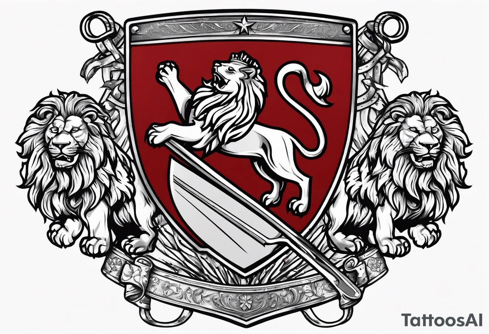 Swanson coat of arms on a shield being held up by two lions with crossed skis behind the shield tattoo idea