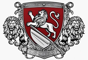 Swanson coat of arms on a shield being held up by two lions with crossed skis behind the shield tattoo idea
