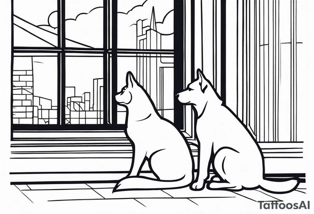 dog and cat sitting on floor and looking out tall thin window together tattoo idea