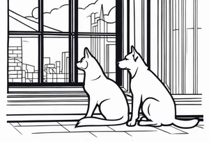 dog and cat sitting on floor and looking out tall thin window together tattoo idea
