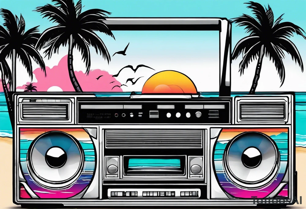 1980'S BOOM BOX MIAMI VICE STYLE, BEACH , PALM TREES, MUSIC NOTES tattoo idea