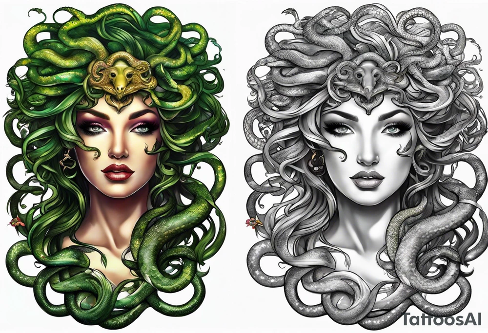 Medusa, before and after she had snakes for hair. tattoo idea
