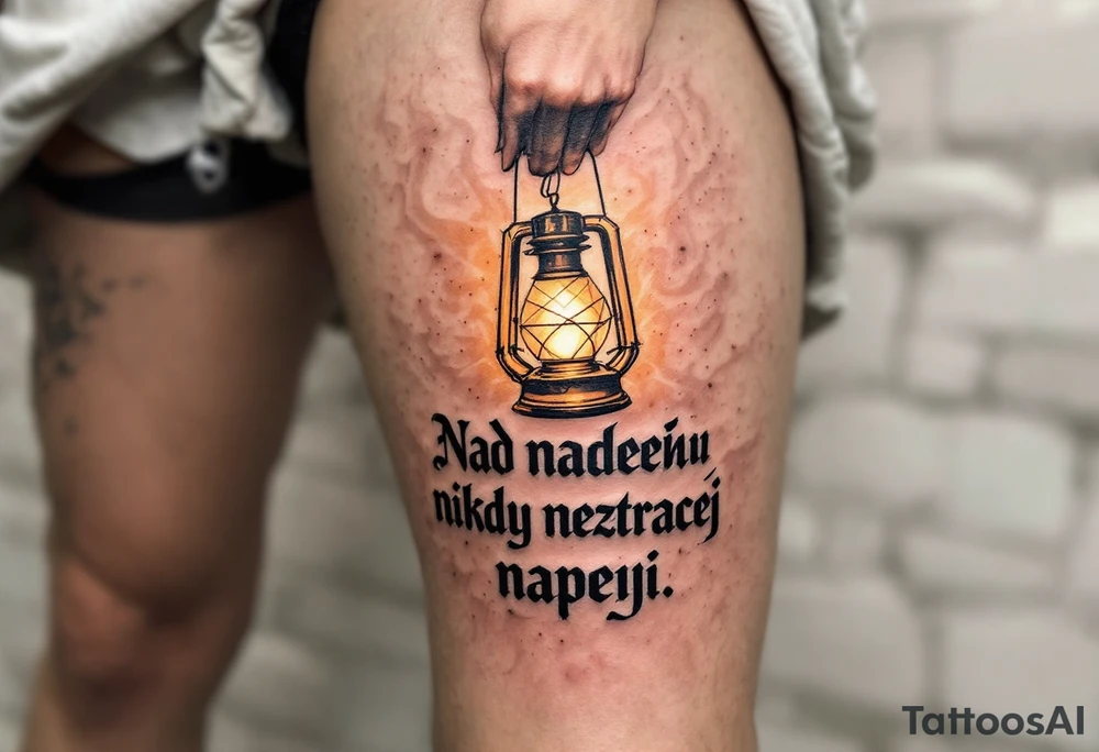 "Nad nadeji nikdy neztracej nadeji." — A glowing lantern held aloft in darkness, inked in warm yellows and golds, lighting up the quote around it in clean black serif. tattoo idea