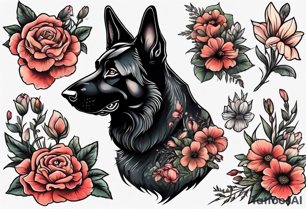 Black German shepherd portrait with flowers tattoo idea