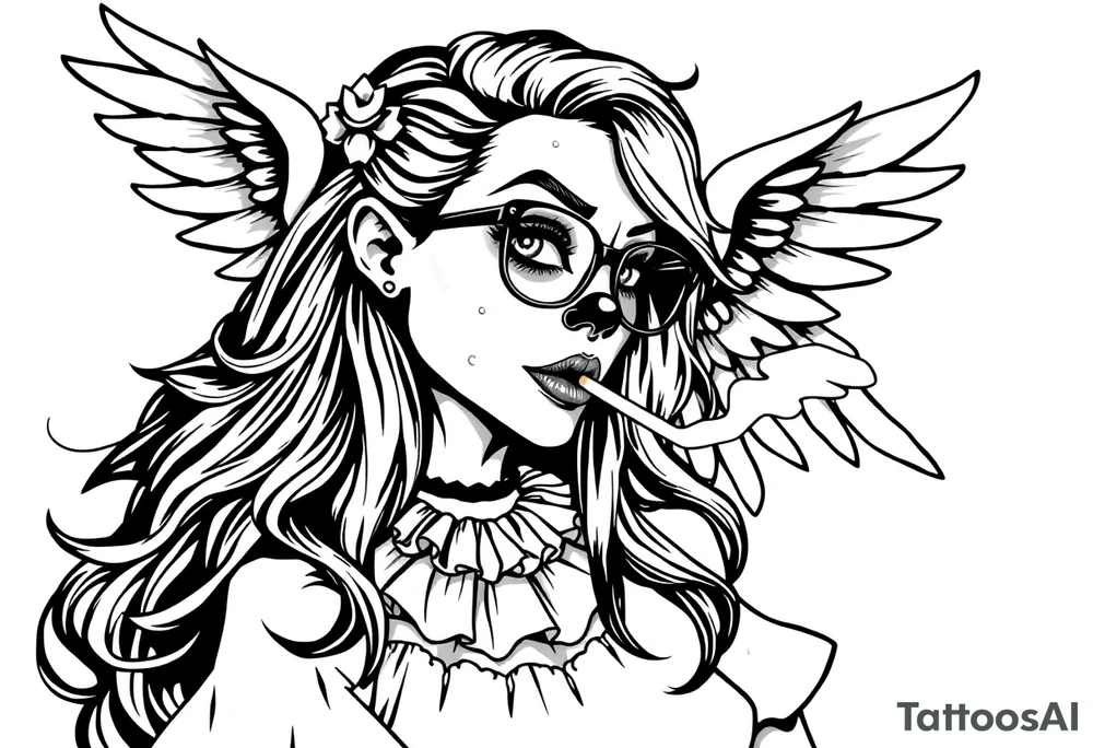 beautiful long hair Clown Girl thug eyeglasses angel wings smoking a cigarette tattoo idea