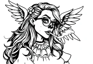 beautiful long hair Clown Girl thug eyeglasses angel wings smoking a cigarette tattoo idea