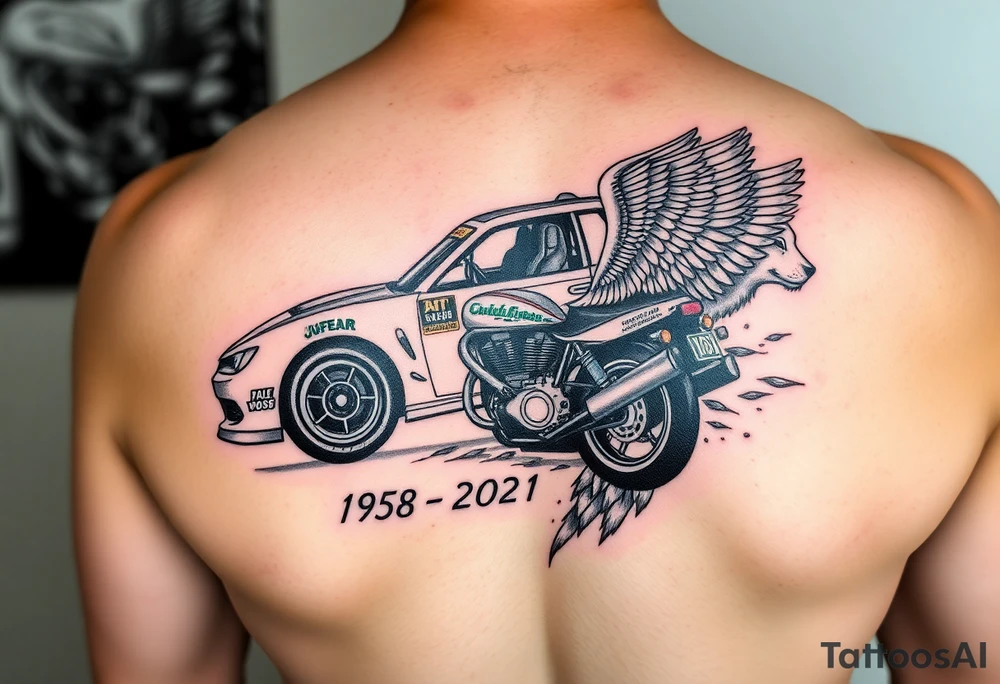 Dale Earnhardt car on it with the year 1958 - 2021 intertwined with a motorcycle on it with guardian angel wolves tattoo idea