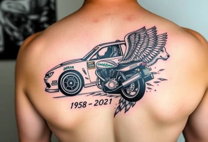Dale Earnhardt car on it with the year 1958 - 2021 intertwined with a motorcycle on it with guardian angel wolves tattoo idea
