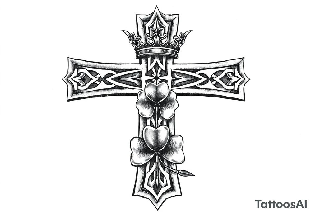 a celtic cross with a crown and a clover tattoo idea