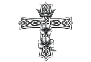 a celtic cross with a crown and a clover tattoo idea