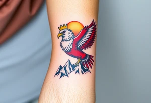 A red and white Moravian eagle with golden crown on its head  soaring above mountain peaks, with the sun rising behind it tattoo idea