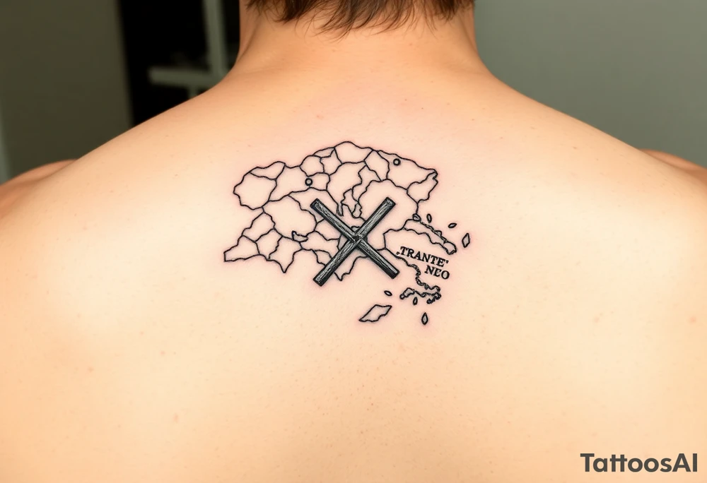 North Carolina coast Treasure Map with an X over Manteo, NC tattoo idea