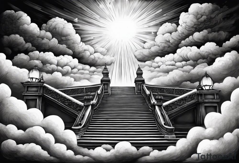 Staircase that leads through the clouds to heaven and ends at the gates of heaven. At the end there is a bright light tattoo idea