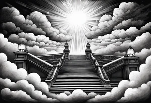 Staircase that leads through the clouds to heaven and ends at the gates of heaven. At the end there is a bright light tattoo idea