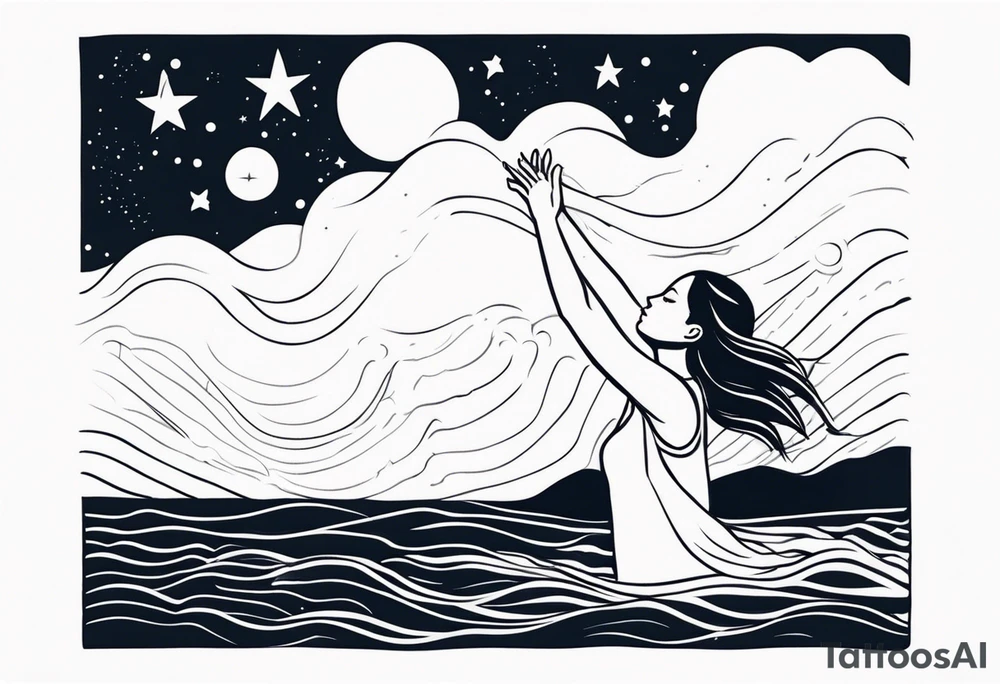 girl in water reaching arms to stars above tattoo idea