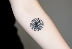 A minimalist black ink Flower of Life, centered on the forearm, with perfect geometric symmetry in cyrcle round tattoo idea