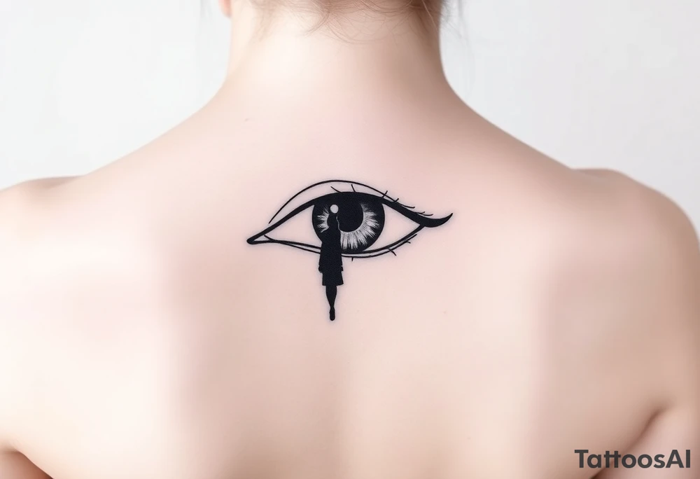 A fine line design featuring an longing eye with the reflection of an ambiguous woman walking away tattoo idea