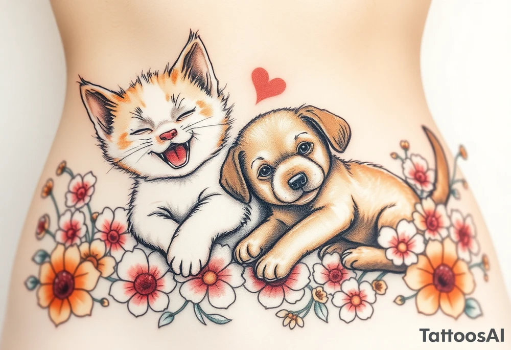 A white and orange kitten happy as can be I can even see a smile while a brown puppy full of love and joy rolling around in a bed of flowers together tattoo idea