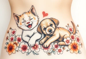 A white and orange kitten happy as can be I can even see a smile while a brown puppy full of love and joy rolling around in a bed of flowers together tattoo idea