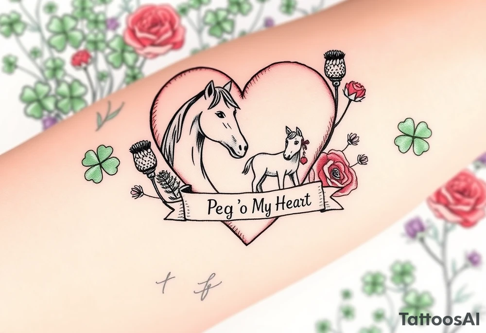 a big pale pink heart and a mare and a colt in a huge patch of green shamrocks, and purple thistles, and red roses with a banner across the heart that says Peg 'o My Heart tattoo idea