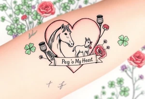 a big pale pink heart and a mare and a colt in a huge patch of green shamrocks, and purple thistles, and red roses with a banner across the heart that says Peg 'o My Heart tattoo idea