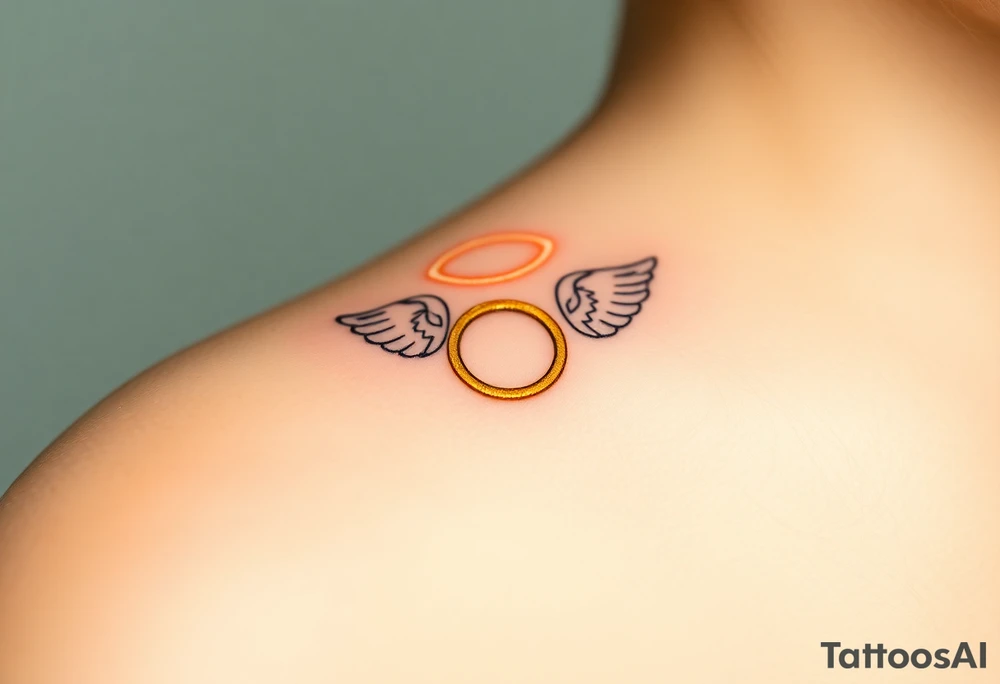 A golden wedding band floating within an angelic halo, glowing softly. tattoo idea