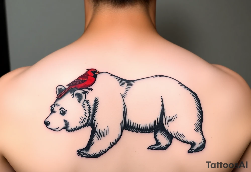 Realistic bright red cardinal perched on a large bear tattoo idea